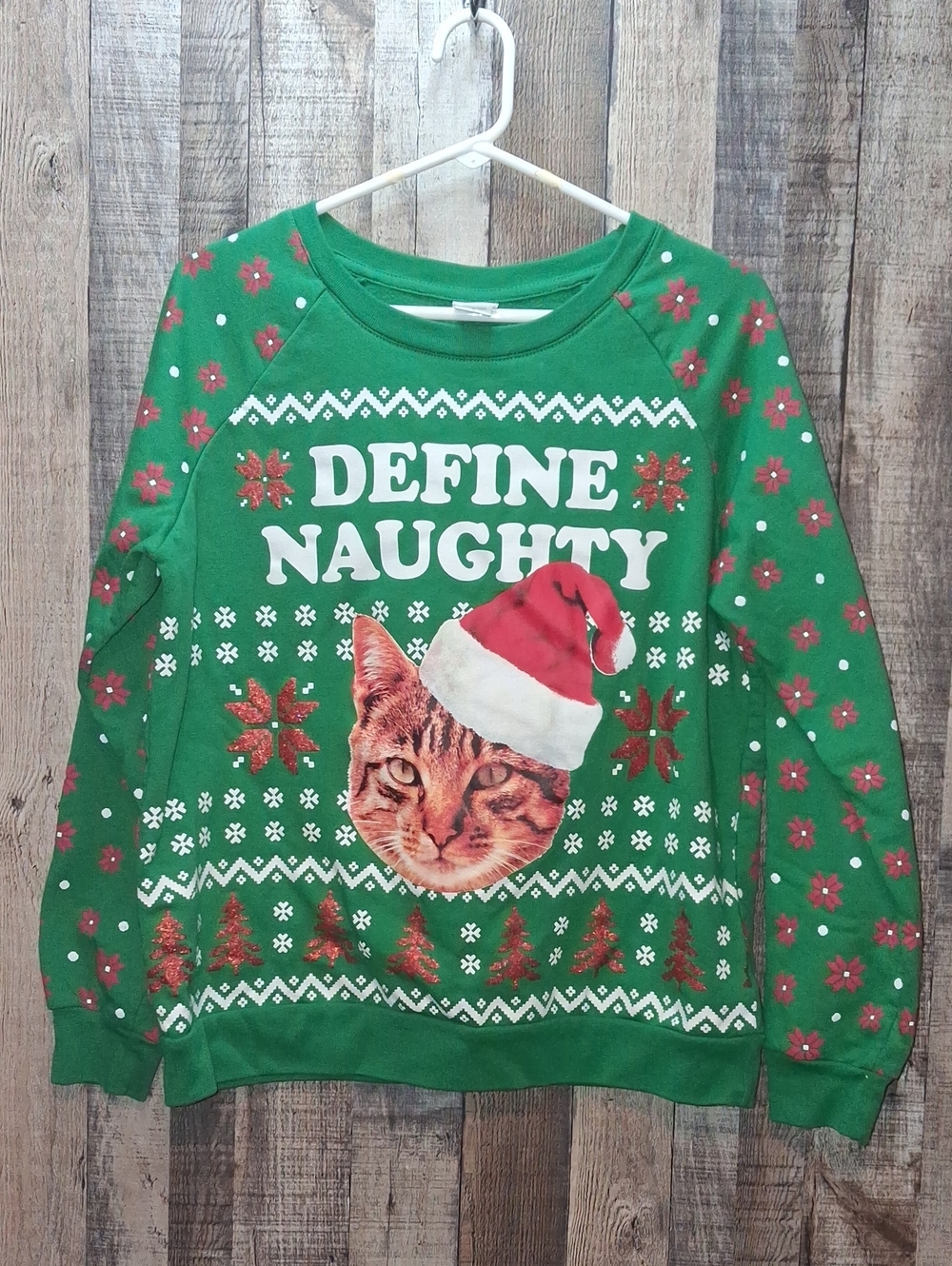 Green "Define Naughty" Cat Holiday Sweater Ugly Sweater Christmas Size L Large
